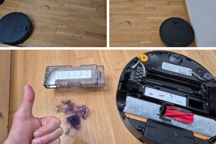 Roborock Saros 20 Flow Staubbehälter mit eingesaugten Haaren nach dem Haartest